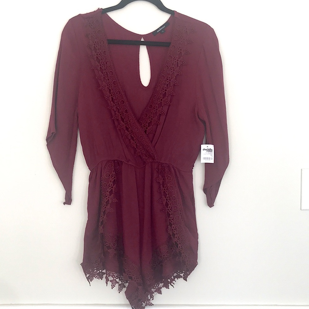 NWT Wine Color Boho Lace Edged Shorts 3/4 Romper